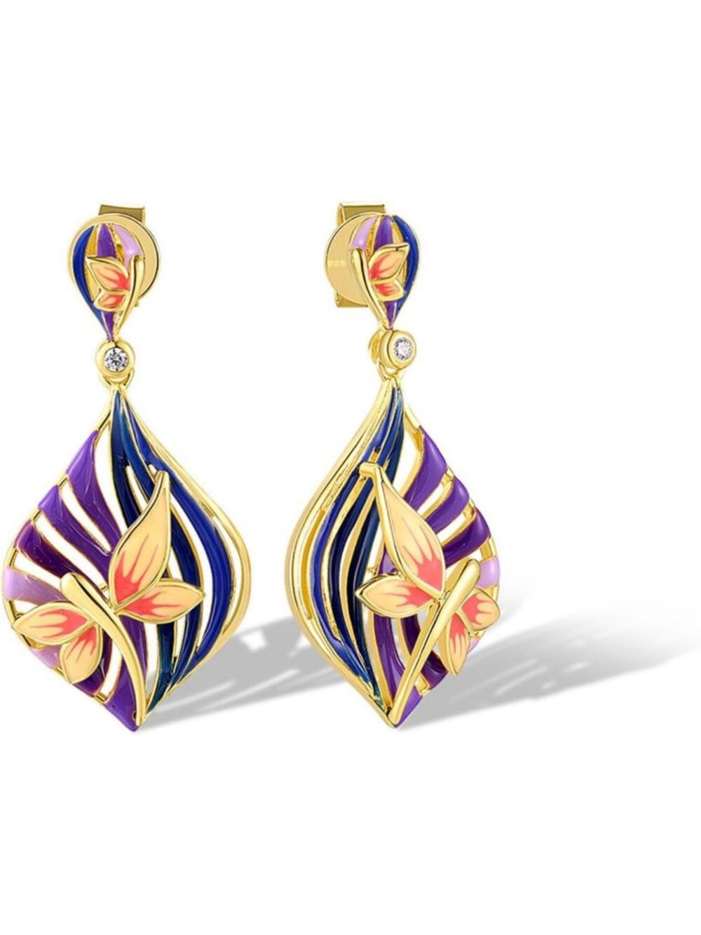 Elegant 925 Sterling Silver Flower & Dragonfly Enamel Earrings with Cubic